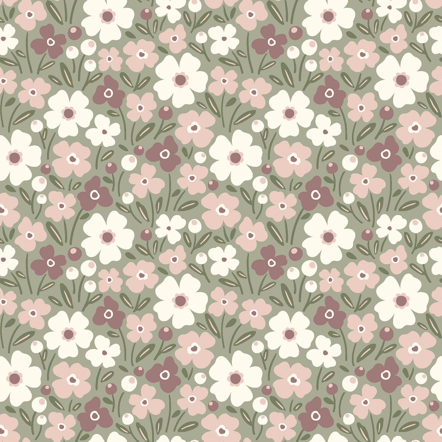 Vevd Bomullspoplin olivengrønn med print av blomster