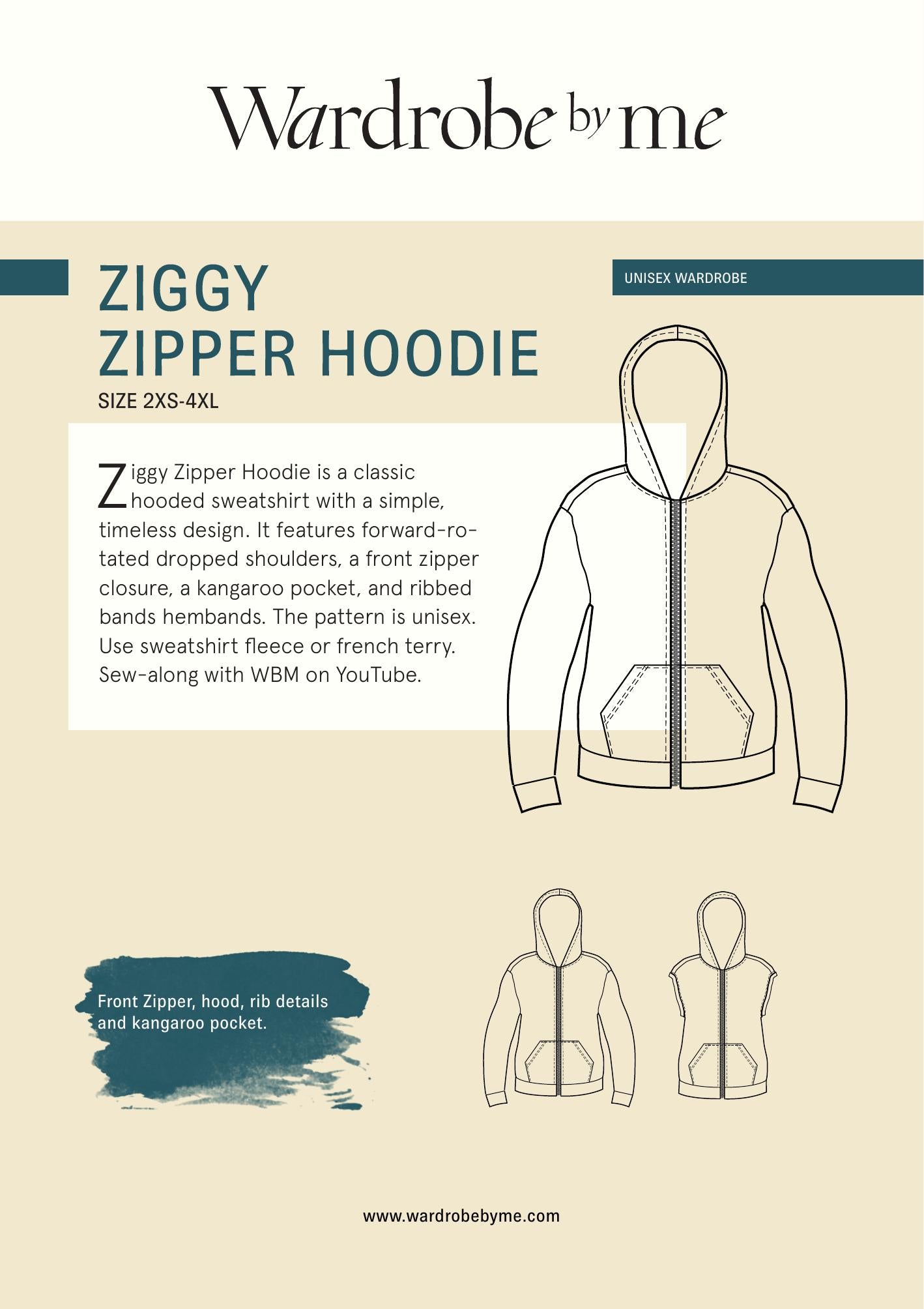 Symønster Ziggy Zipper Hettegenser Unisex (Str 2XS-4XL) - Wardrobe by me