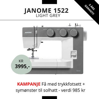 KAMPANJE! Janome 1522 Light Grey - Få med Trykkfotsett + mønster til solhatt (verdi 985 kr!)