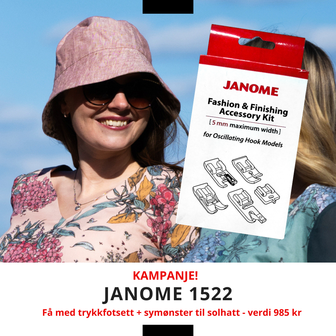 KAMPANJE! Janome 1522 Smokey Pink - Få med Trykkfotsett + mønster til solhatt (verdi 985 kr!)