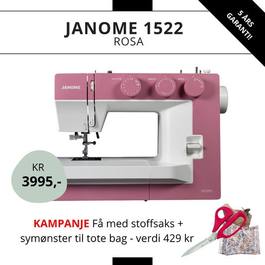 KAMPANJE! Janome 1522 Pink - Få med saks og symønster (verdi 429 kr!)
