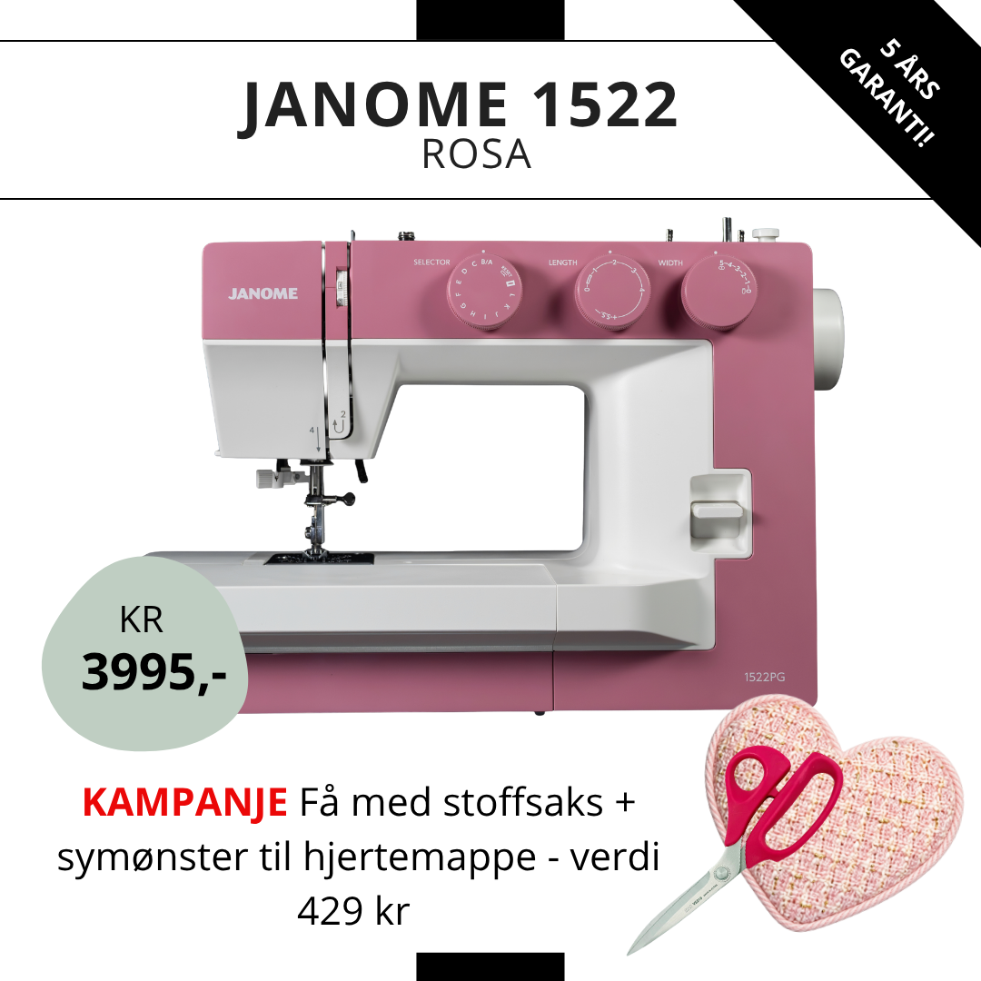 KAMPANJE! Janome 1522 Pink - Få med saks og symønster (verdi 429 kr!)