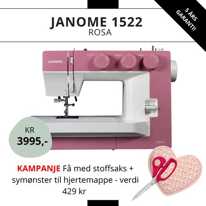 KAMPANJE! Janome 1522 Pink - Få med saks og symønster (verdi 429 kr!)
