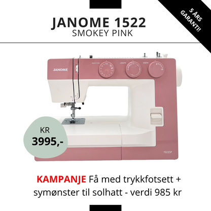KAMPANJE! Janome 1522 Smokey Pink - Få med Trykkfotsett + mønster til solhatt (verdi 985 kr!)