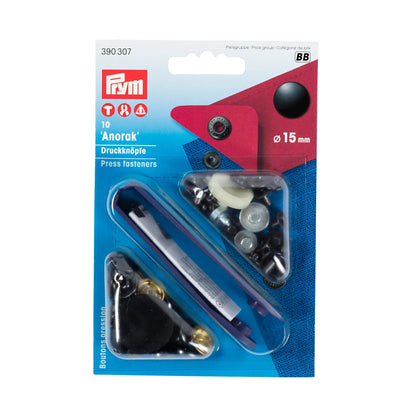 Trykknapper Anorakk 15 mm sort (10 stk)