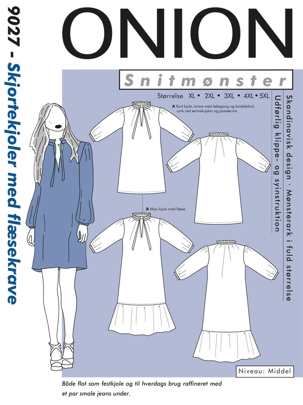 Skjortekjole med rysjekrage Str XL-5XL - Onion 9027
