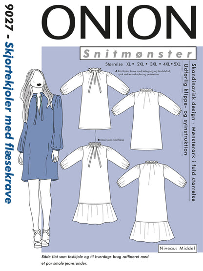Skjortekjole med rysjekrage Str XL-5XL - Onion 9027