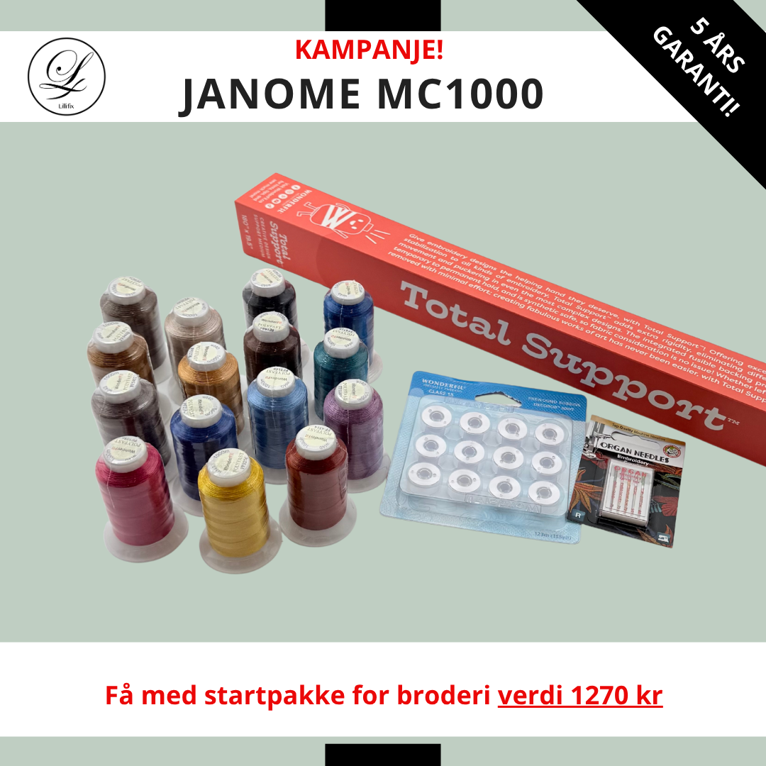 KAMPANJE Janome MC 1000 Silky White Sy- og Broderimaskin - Få med startpakke for broderi (verdi 1270 kr)