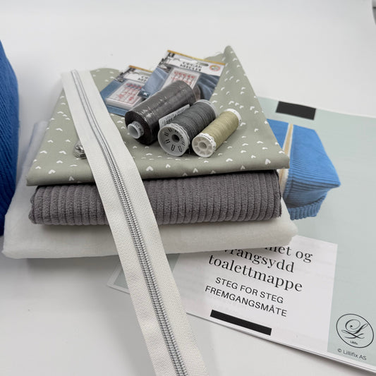 Materialpakke til boksformet, vrangsydd toalettmappe - GRÅ (for medlemmer i Syportalen)