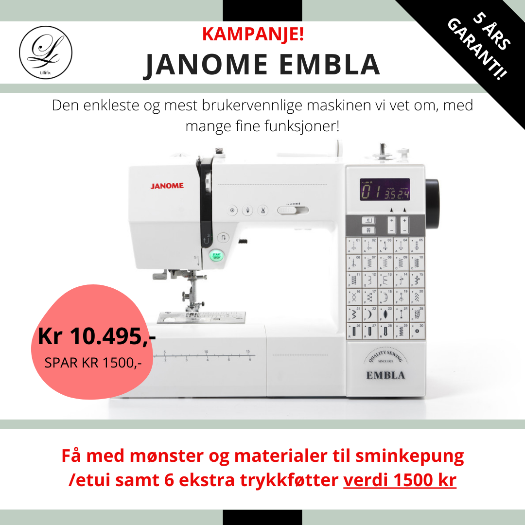 KAMPANJE! Elektronisk symaskin Janome Embla 6030DC - få med sykit og bonuspakke med trykkføtter!