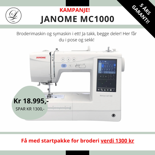KAMPANJE Janome MC 1000 Silky White Sy- og Broderimaskin - Få med startpakke for broderi (verdi 1300 kr)