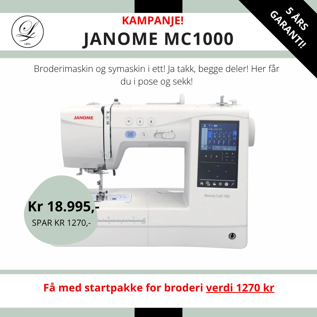 KAMPANJE Janome MC 1000 Silky White Sy- og Broderimaskin - Få med startpakke for broderi (verdi 1270 kr)